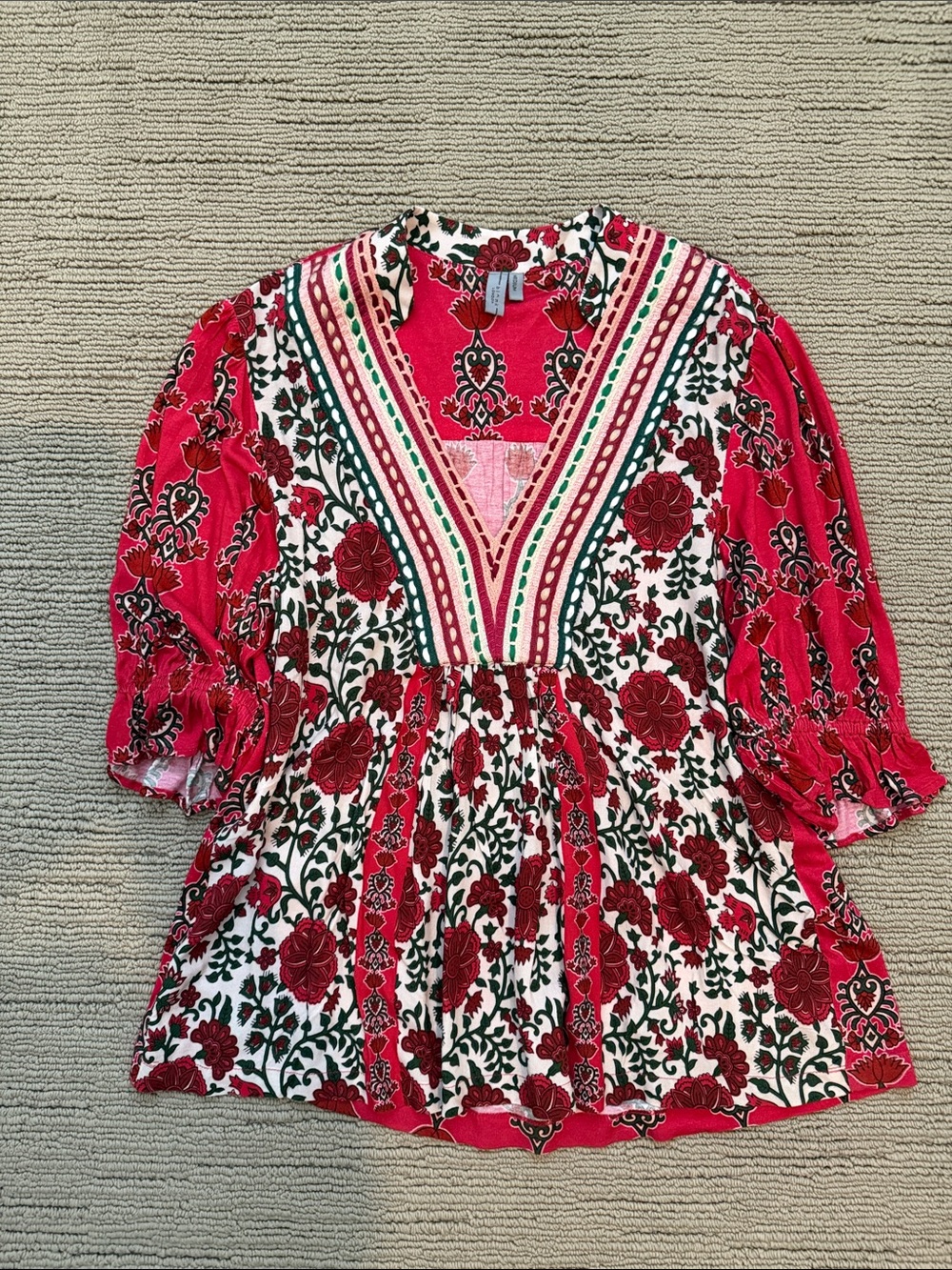 Anthropologie Bl-nk Stephanie Red & White Floral V-Neck Peasant Blouse Sz M.